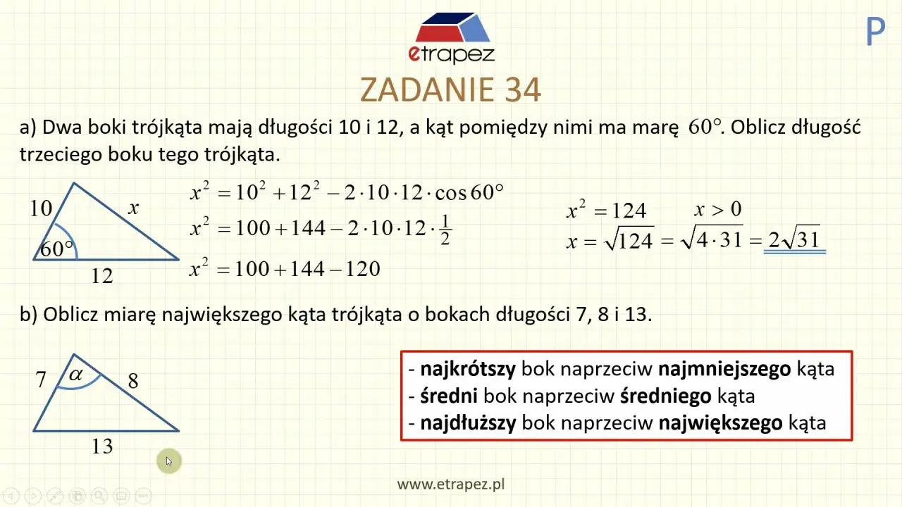 Zadanie 34: Obliczanie boku trójkąta z twierdzenia cosinusów. Przykład a) pokazuje obliczenie boku x.