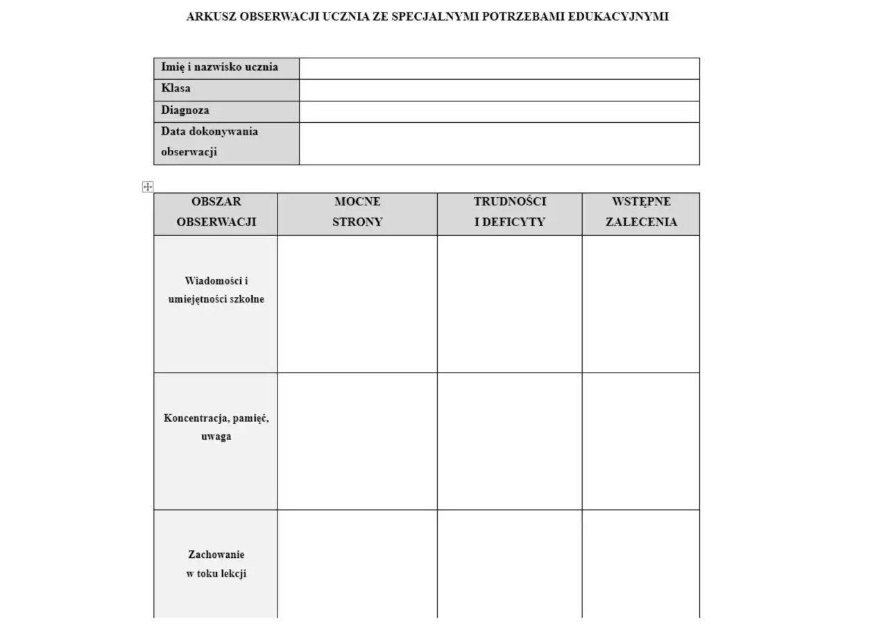 Arkusz obserwacji ucznia ze specjalnymi potrzebami edukacyjnymi, zawierający pola na dane ucznia, diagnozę, datę oraz obszary obserwacji: wiadomości, koncentrację i zachowanie.