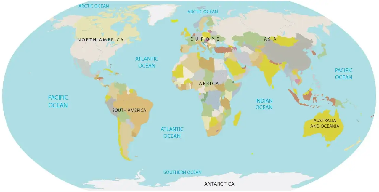 Mapa świata z zaznaczonymi oceanami i kontynentami. Wyjaśnia, czym się różni morze od oceanu, pokazując ich położenie.
