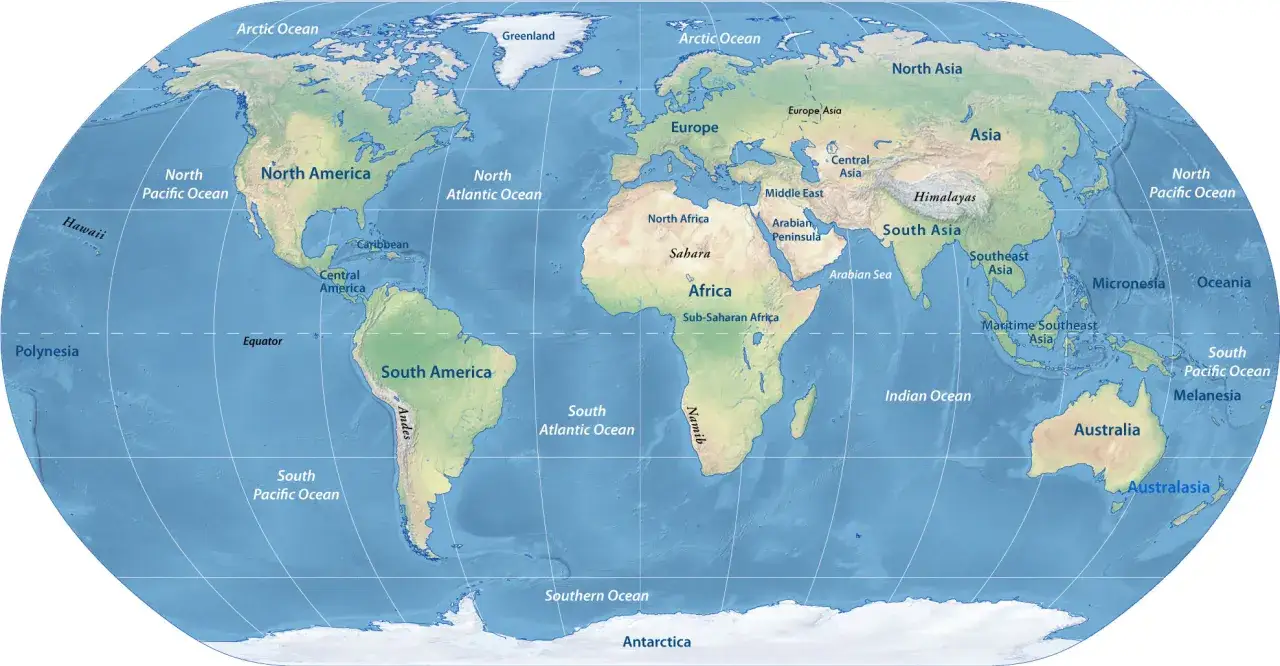 Mapa świata z zaznaczonymi kontynentami: Ameryka Północna, Ameryka Południowa, Afryka, Europa, Azja, Australia i Antarktyda.