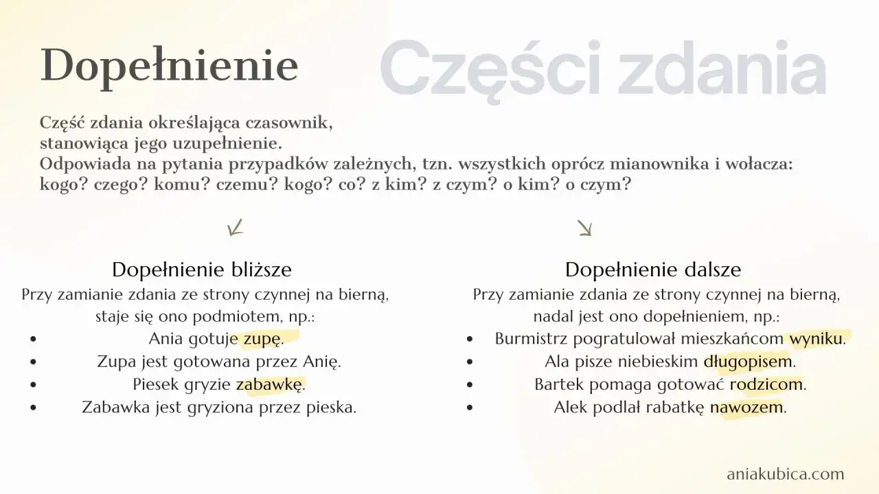 Dopełnienie odpowiada na pytania: kogo? czego? komu? czemu? kogo? co? z kim? z czym? o kim? o czym?