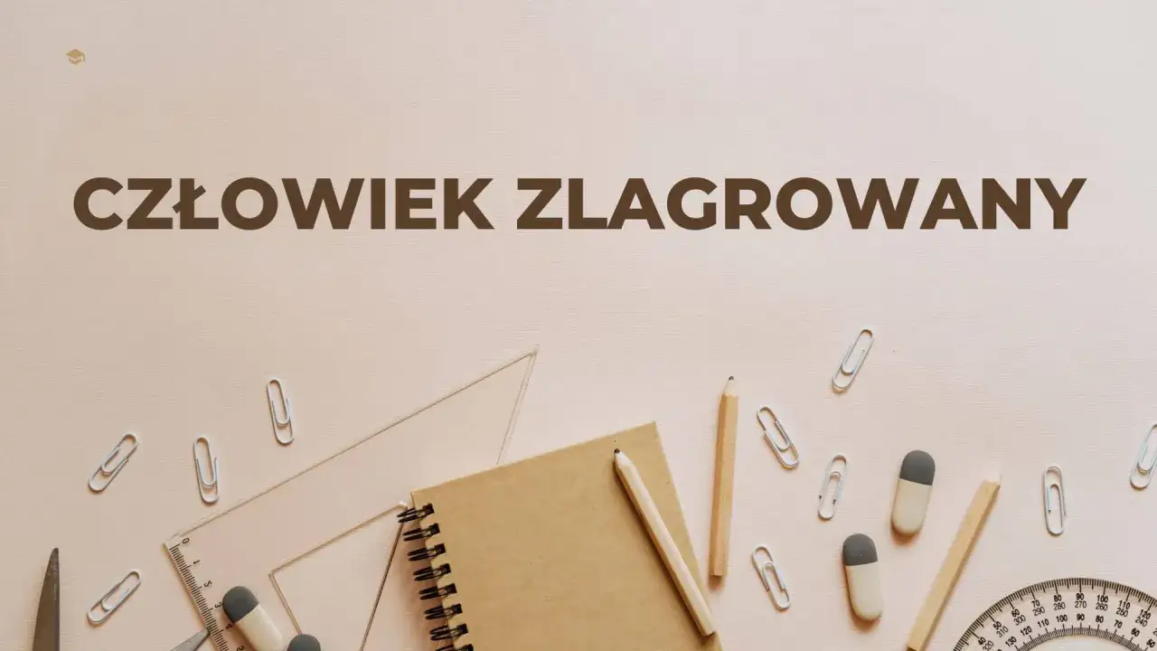Człowiek zlagrowany, symbolizujący ofiarę zbrodniczego systemu, otoczony przyborami szkolnymi.