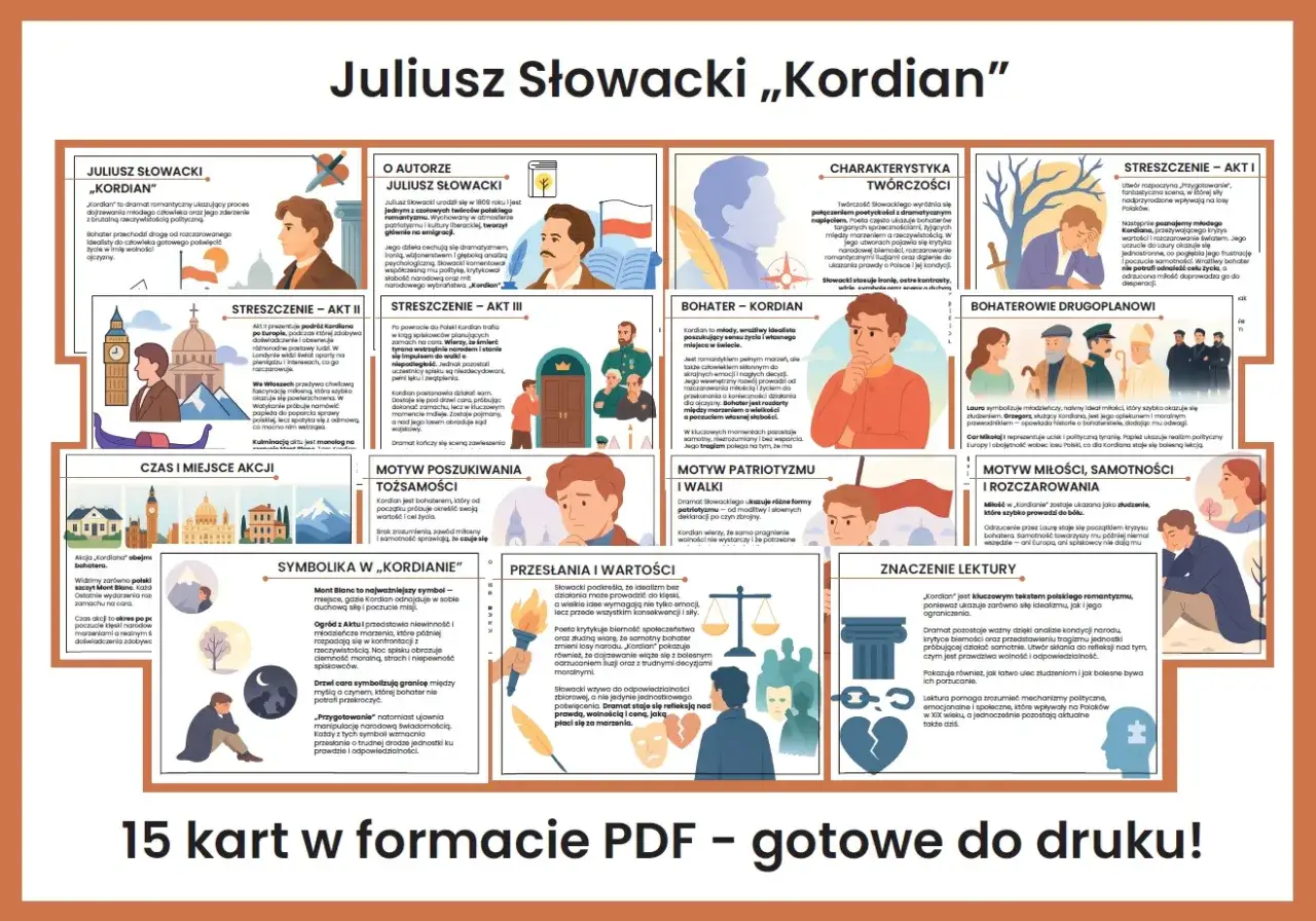 Kordian, bohater romantyczny, szuka sensu życia i miejsca w świecie. Jego podróż przez Europę i konfrontacja z rzeczywistością ukazują motywy patriotyzmu, miłości i rozczarowania.