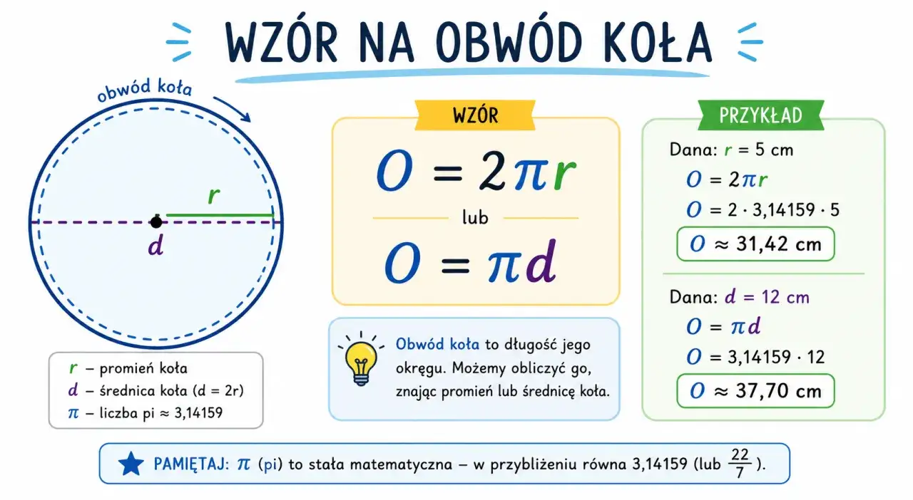 Ilustracja wyjaśnia wzór na obwód koła: O = 2πr lub O = πd. Podano przykłady obliczeń.