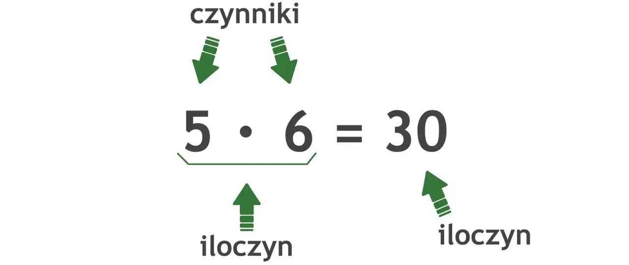 5 razy 6 równa się 30. Liczby 5 i 6 to czynniki, a 30 to ich iloczyn.