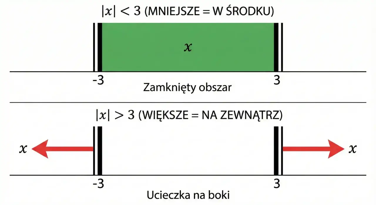 Ilustracja pokazuje, jak wartość bezwzględna liczby x wpływa na jej położenie na osi liczbowej. Gdy |x| < 3, x znajduje się w przedziale (-3, 3). Gdy |x| > 3, x jest poza tym przedziałem.