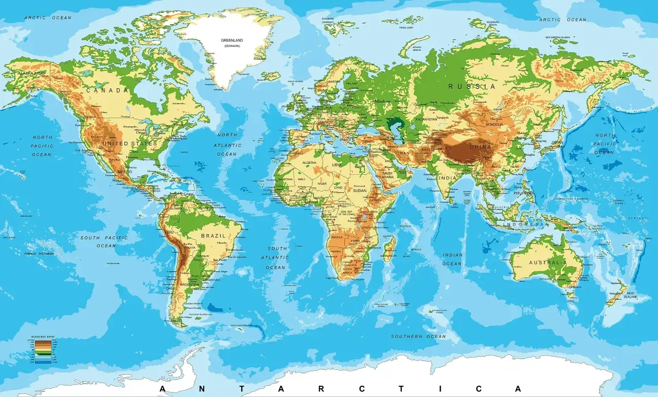 Mapa świata z zaznaczonym ukształtowaniem terenu. Widoczny każdy kontynent, góry, rzeki i oceany.