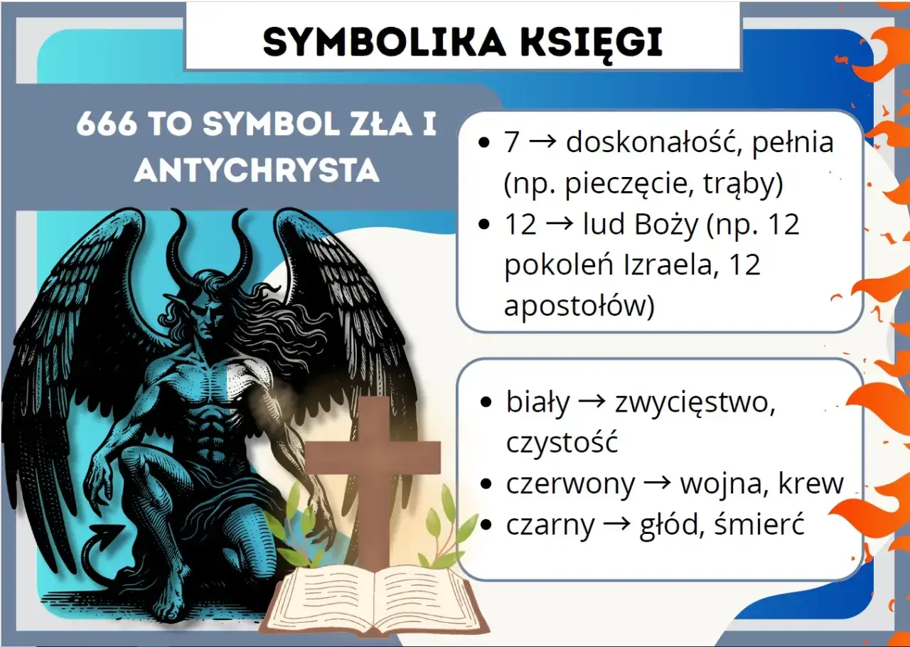 Symbolika Apokalipsy św. Jana: 666 to symbol zła, a obok demoniczne postacie i krzyż. Streszczenie symboli: 7-doskonałość, 12-lud Boży, kolory: biały-zwycięstwo, czerwony-wojna, czarny-śmierć.