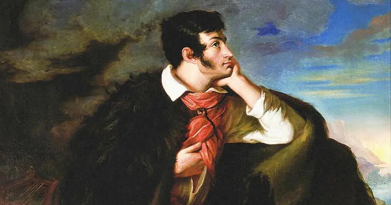 Portret młodego mężczyzny w czapce i z szalem, zamyślonego, na tle burzliwego nieba. Obraz oddaje ducha epoki romantyzmu.