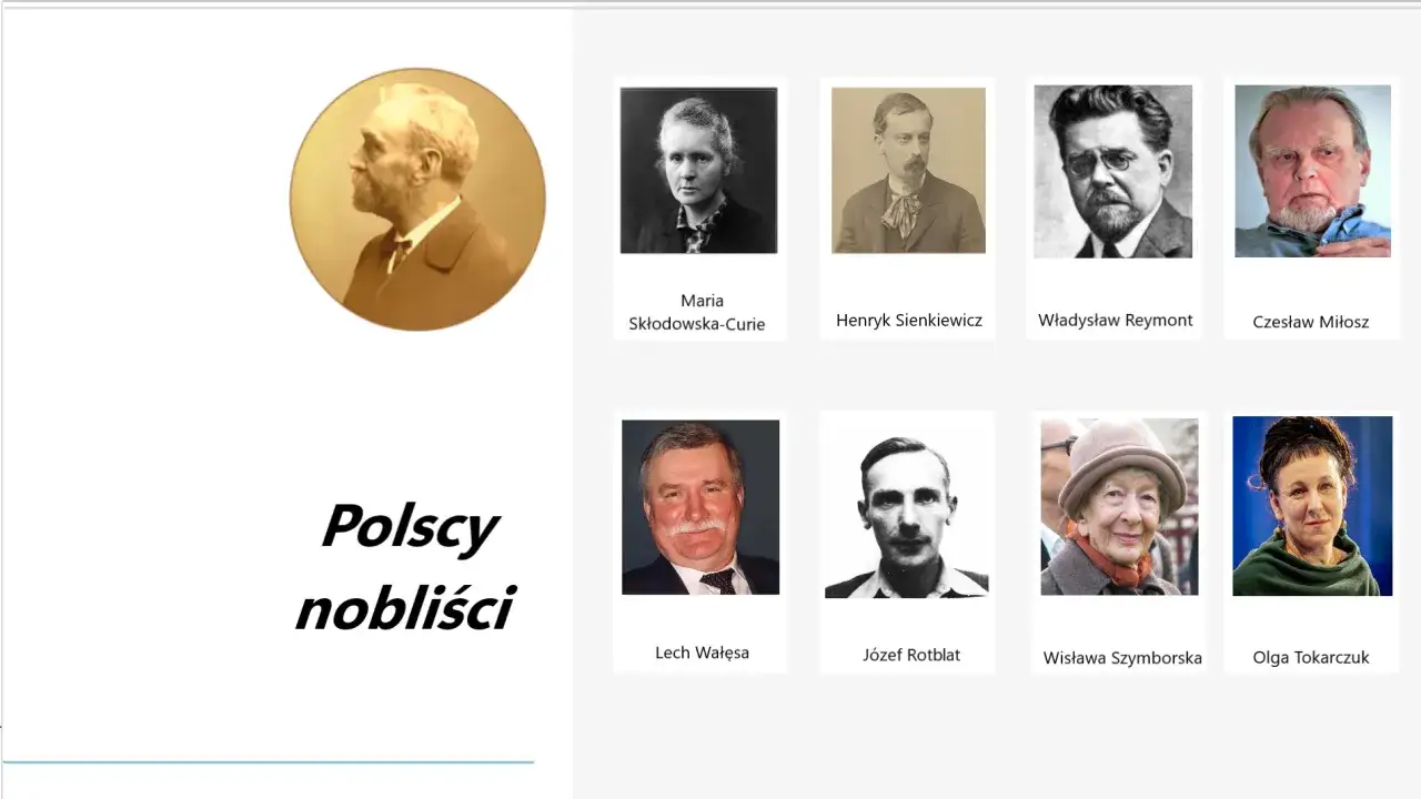 Kolekcja portretów wybitnych polskich noblistów: Marii Skłodowskiej-Curie, Henryka Sienkiewicza, Władysława Reymonta, Czesława Miłosza, Lecha Wałęsy, Józefa Rotblata, Wisławy Szymborskiej i Olgi Tokarczuk.