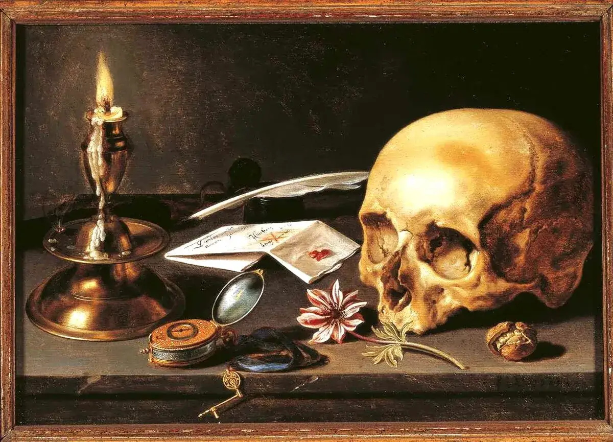 Czas przemija, jak płomień świecy. Czaszka, pióro, list i zegarek przypominają o przemijaniu. Vanitas.