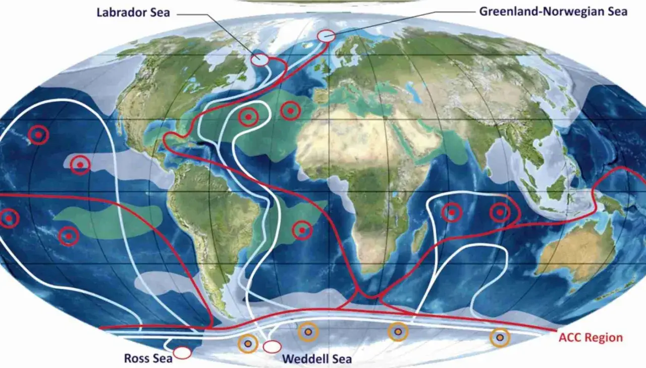 Mapa świata z zaznaczonymi prądami oceanicznymi, głębokościami i nazwami mórz.