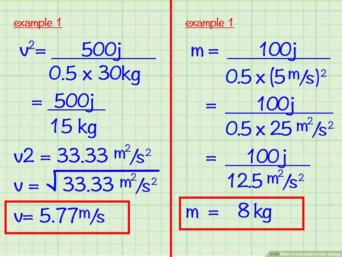Przykłady obliczeń wzoru na energię kinetyczną: wyznaczanie prędkości (v=5.77m/s) i masy (m=8kg).