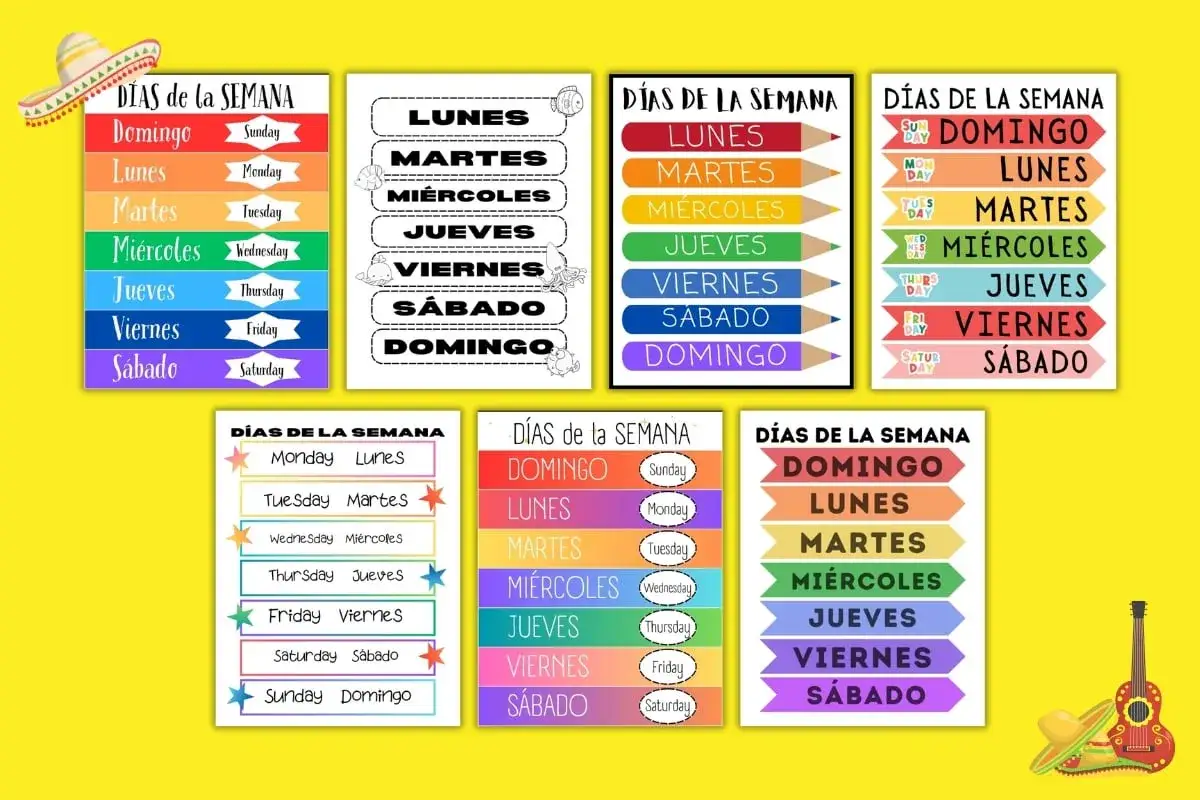 Kolorowe tablice edukacyjne z dniami tygodnia po hiszpańsku: Lunes, Martes, Miércoles, Jueves, Viernes, Sábado, Domingo.