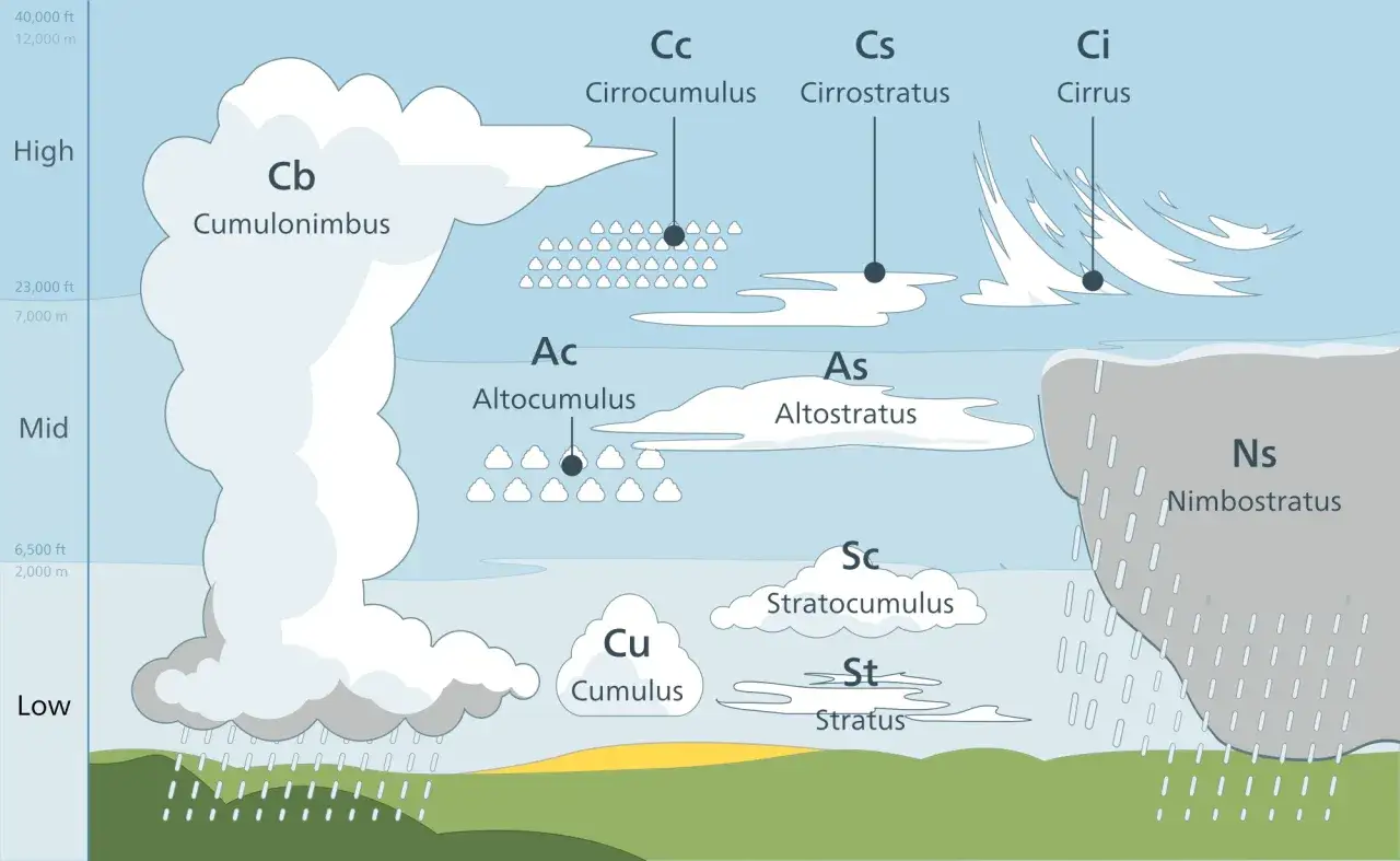 Ilustracja przedstawia różne rodzaje chmur, od niskich Cumulus i Stratus, przez średnie Altocumulus i Altostratus, po wysokie Cirrus. Widać też Cumulonimbus i Nimbostratus.