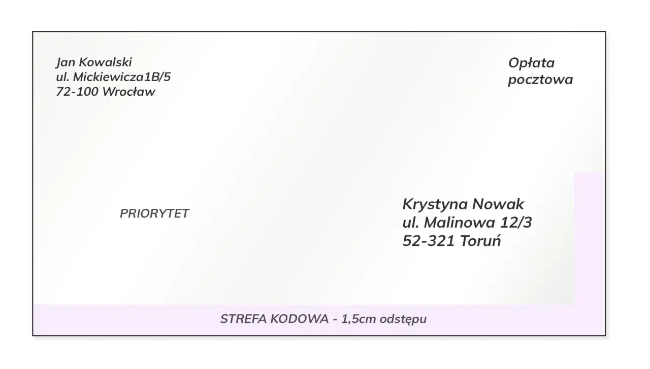 Adresat: Jan Kowalski, ul. Mickiewicza 1B/5, 72-100 Wrocław. Obok pole 