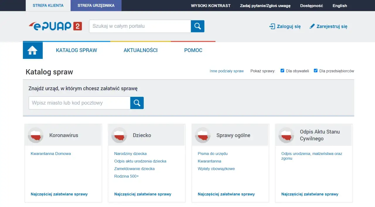 Strona główna ePUAP. Co to jest? Katalog spraw, wyszukiwarka urzędów i usług dla obywateli i przedsiębiorców.