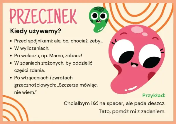 Ilustracja wyjaśnia, kiedy używamy przecinek, z zabawnymi postaciami.